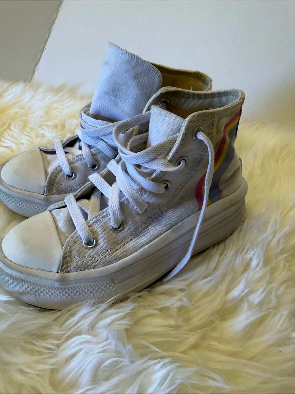 Kids Converse White High-Top Platform Sneakers with Rainbow Stripes